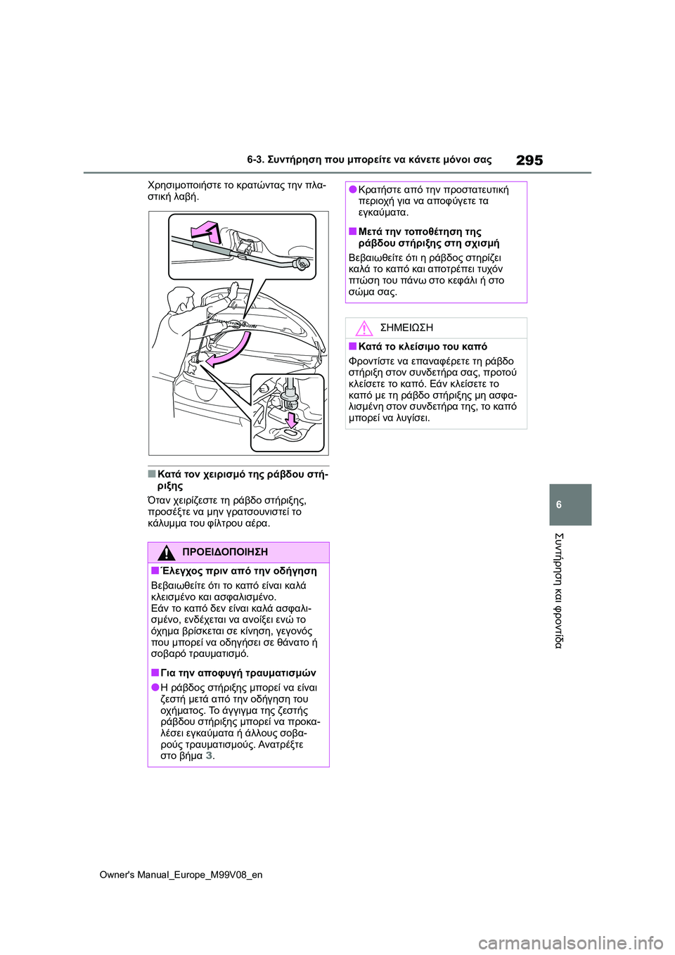 TOYOTA AYGO X 2022  ΟΔΗΓΌΣ ΧΡΉΣΗΣ (in Greek) 295
6
Owners Manual_Europe_M99V08_en
6-3. Συντήρηση που μπορείτε να κάνετε μόνοι σας
Συντήρηση και φροντίδα
Χρησιμοποιήστε το 