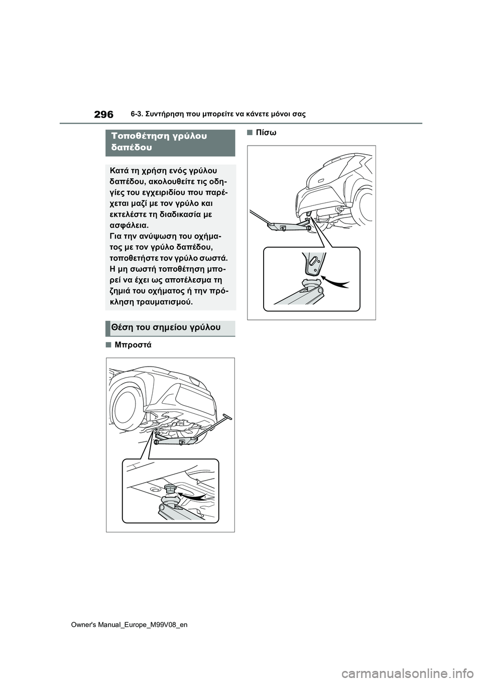 TOYOTA AYGO X 2022  ΟΔΗΓΌΣ ΧΡΉΣΗΣ (in Greek) 296
Owners Manual_Europe_M99V08_en
6-3. Συντήρηση που μπορείτε να κάνετε μόνοι σας
■Μπροστά
■ΠίσωΤοποθέτηση γρύλου 
δαπέδου
