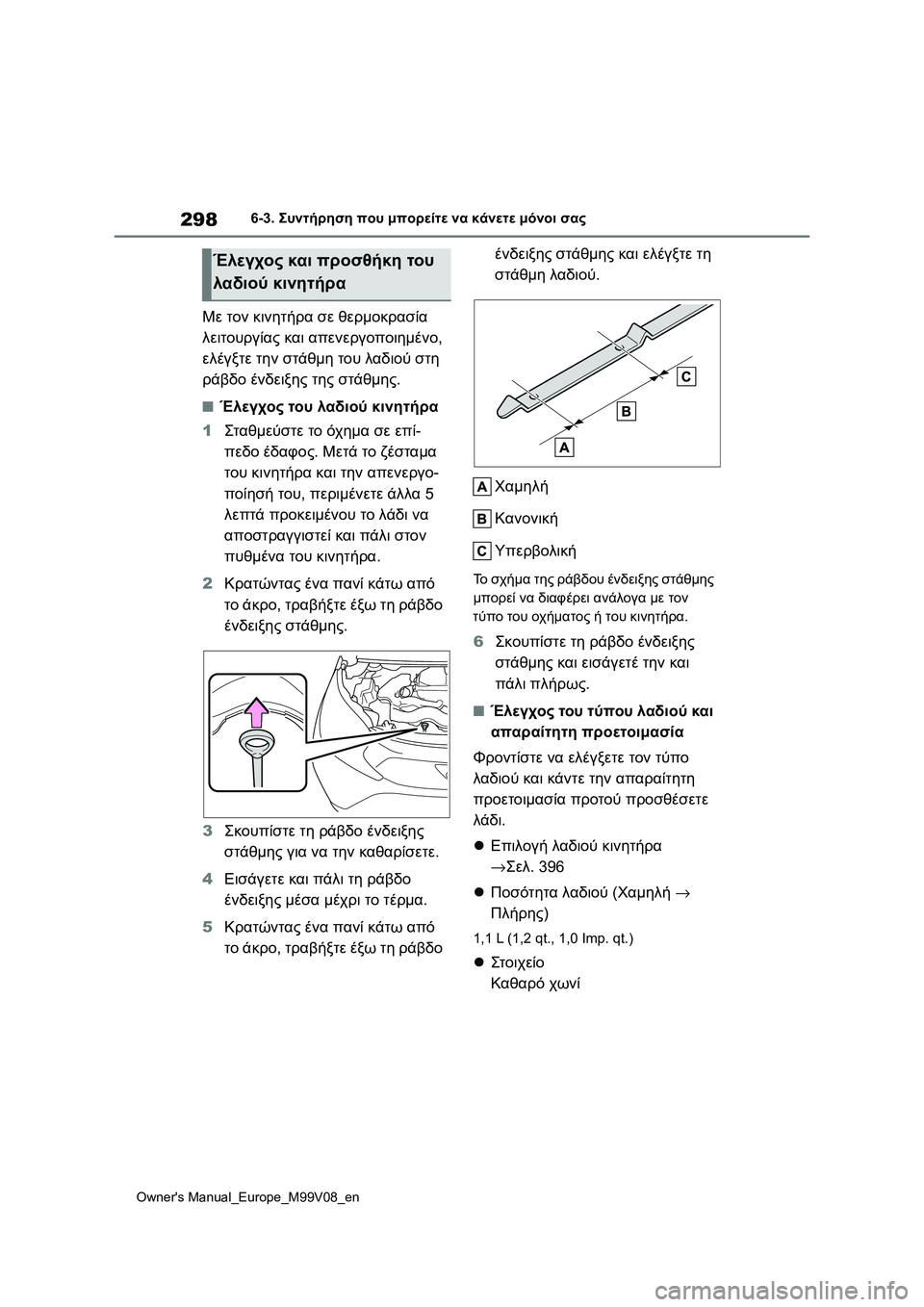 TOYOTA AYGO X 2022  ΟΔΗΓΌΣ ΧΡΉΣΗΣ (in Greek) 298
Owners Manual_Europe_M99V08_en
6-3. Συντήρηση που μπορείτε να κάνετε μόνοι σας
Με τον κινητήρα σε θερμοκρασία 
λειτουργίας