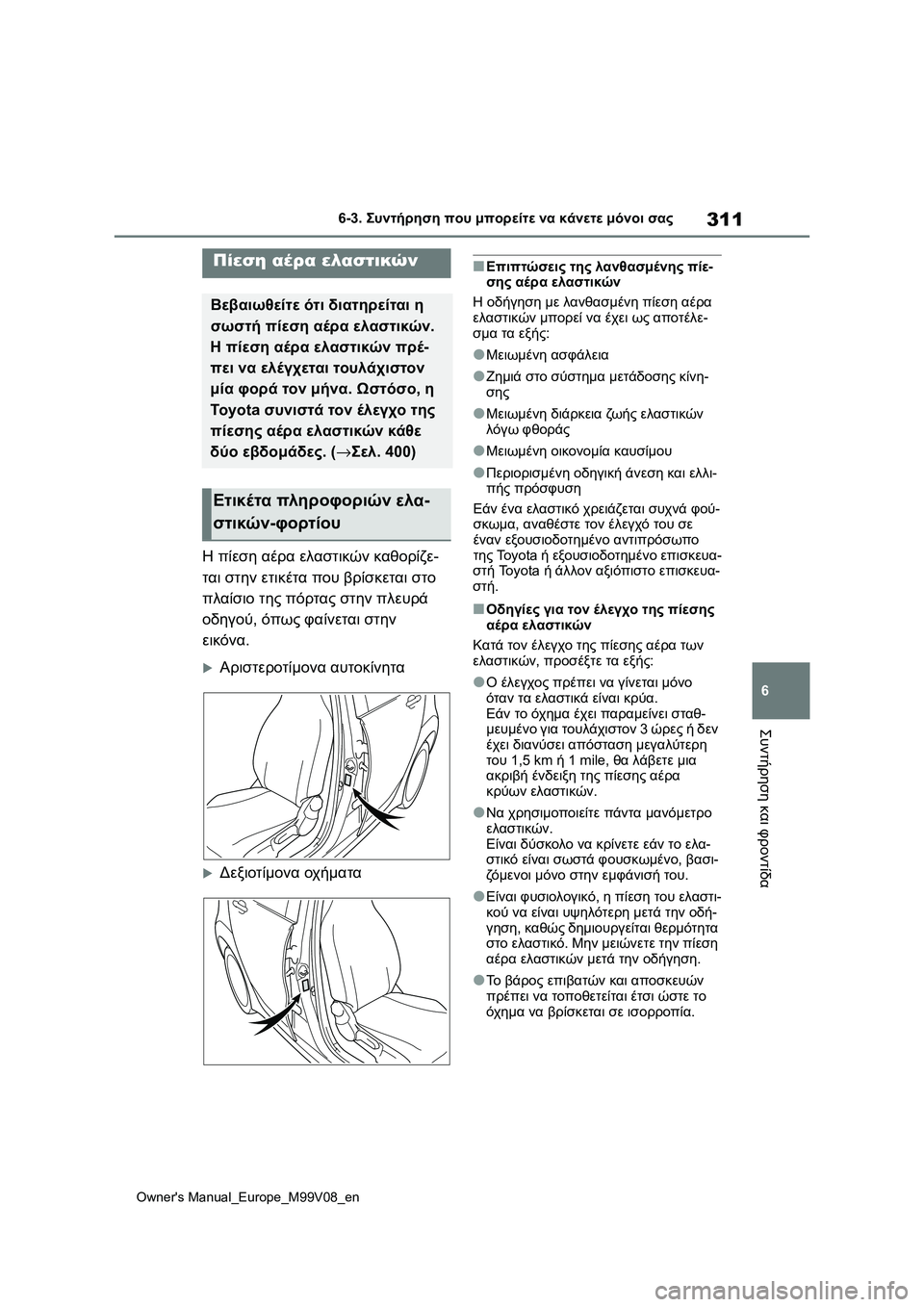 TOYOTA AYGO X 2022  ΟΔΗΓΌΣ ΧΡΉΣΗΣ (in Greek) 311
6
Owners Manual_Europe_M99V08_en
6-3. Συντήρηση που μπορείτε να κάνετε μόνοι σας
Συντήρηση και φροντίδα
Η πίεση αέρα ελαστι