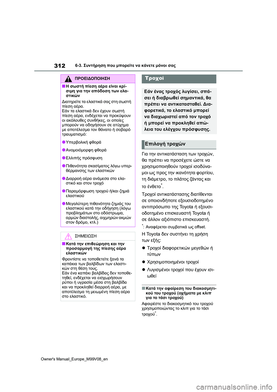 TOYOTA AYGO X 2022  ΟΔΗΓΌΣ ΧΡΉΣΗΣ (in Greek) 312
Owners Manual_Europe_M99V08_en
6-3. Συντήρηση που μπορείτε να κάνετε μόνοι σας
Για την αντικατάσταση των τροχών, 
θα πρέπει