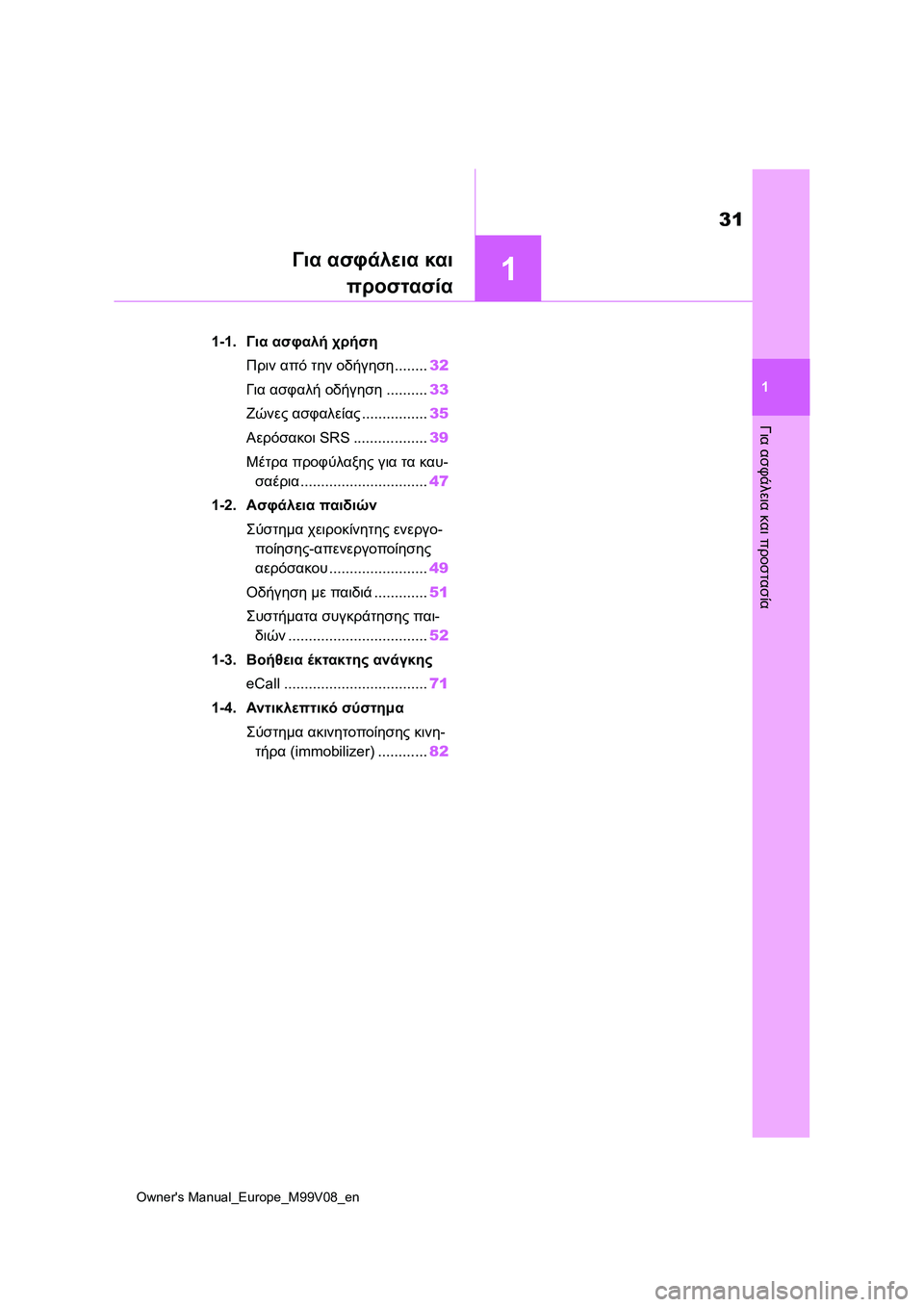 TOYOTA AYGO X 2022 ΟΔΗΓΌΣ ΧΡΉΣΗΣ (in Greek) 1
31
Owners Manual_Europe_M99V08_en
1
Για ασφάλεια και προστασία
Για ασφάλεια και
προστασία
1-1.Για ασφαλή χρήση
Πριν από την ο TOYOTA AYGO X 2022 ΟΔΗΓΌΣ ΧΡΉΣΗΣ (in Greek) 1
31
Owners Manual_Europe_M99V08_en
1
Για ασφάλεια και προστασία
Για ασφάλεια και
προστασία
1-1.Για ασφαλή χρήση
Πριν από την ο