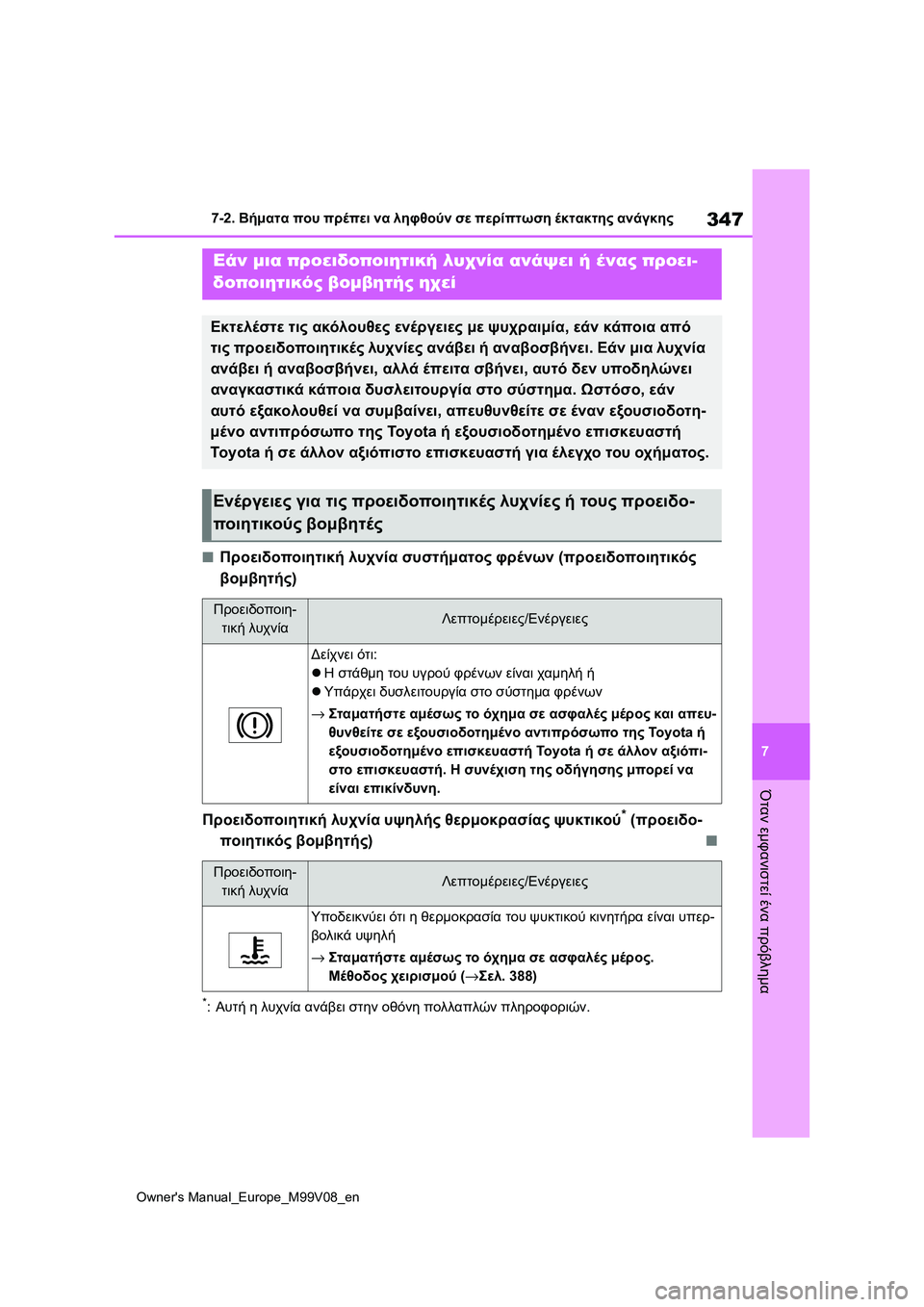 TOYOTA AYGO X 2022  ΟΔΗΓΌΣ ΧΡΉΣΗΣ (in Greek) 347
7
Owners Manual_Europe_M99V08_en
7-2. Βήματα που πρέπει να ληφθούν σε περίπτωση έκτακτης ανάγκης
Όταν εμφανιστεί ένα πρόβλ