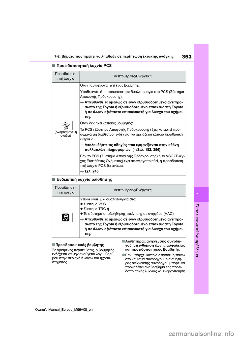 TOYOTA AYGO X 2022  ΟΔΗΓΌΣ ΧΡΉΣΗΣ (in Greek) 353
7
Owners Manual_Europe_M99V08_en
7-2. Βήματα που πρέπει να ληφθούν σε περίπτωση έκτακτης ανάγκης
Όταν εμφανιστεί ένα πρόβλ TOYOTA AYGO X 2022  ΟΔΗΓΌΣ ΧΡΉΣΗΣ (in Greek) 353
7
Owners Manual_Europe_M99V08_en
7-2. Βήματα που πρέπει να ληφθούν σε περίπτωση έκτακτης ανάγκης
Όταν εμφανιστεί ένα πρόβλ