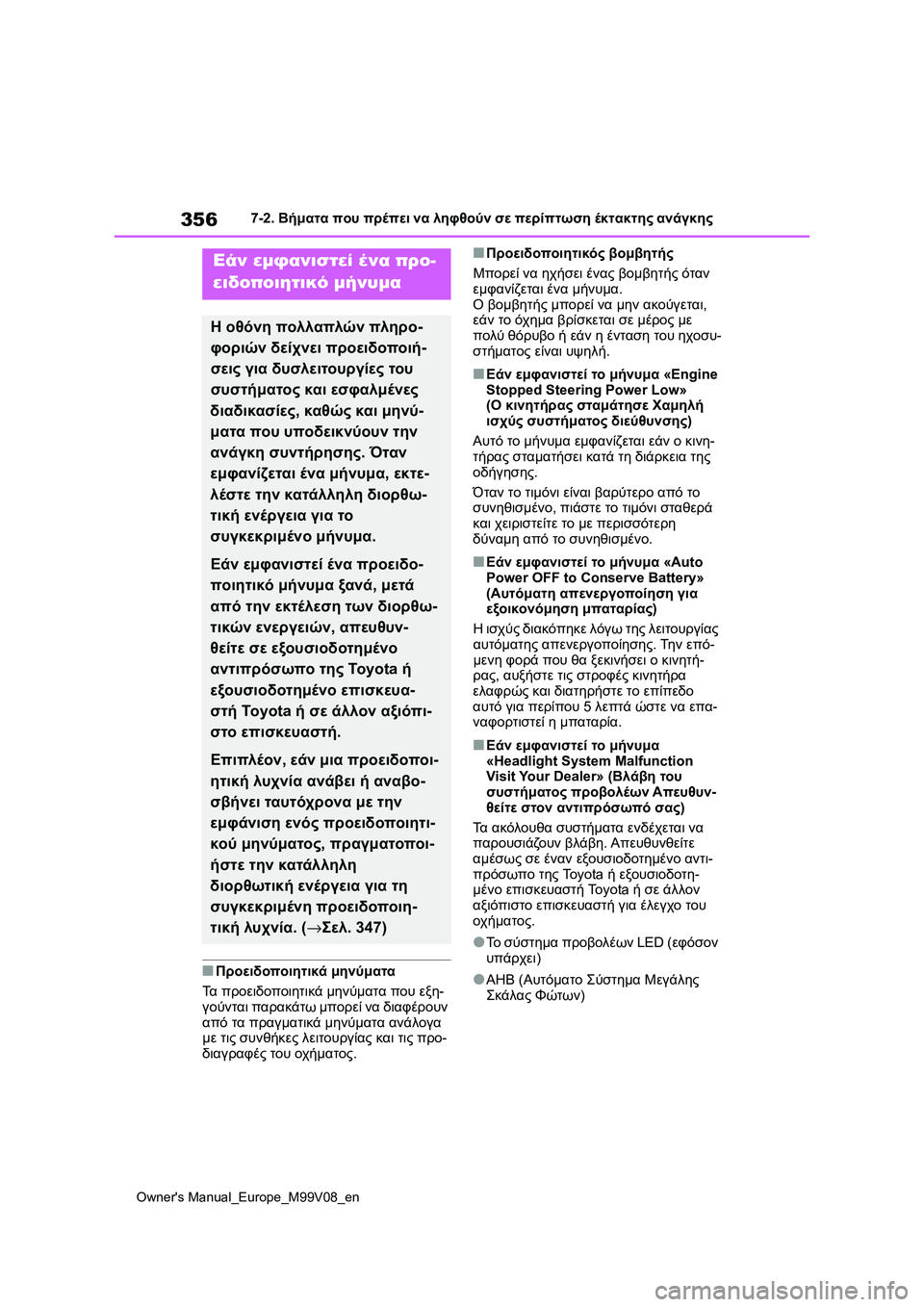 TOYOTA AYGO X 2022 ΟΔΗΓΌΣ ΧΡΉΣΗΣ (in Greek) 356
Owners Manual_Europe_M99V08_en
7-2. Βήματα που πρέπει να ληφθούν σε περίπτωση έκτακτης ανάγκης
■Προειδοποιητικά μηνύματα TOYOTA AYGO X 2022 ΟΔΗΓΌΣ ΧΡΉΣΗΣ (in Greek) 356
Owners Manual_Europe_M99V08_en
7-2. Βήματα που πρέπει να ληφθούν σε περίπτωση έκτακτης ανάγκης
■Προειδοποιητικά μηνύματα
