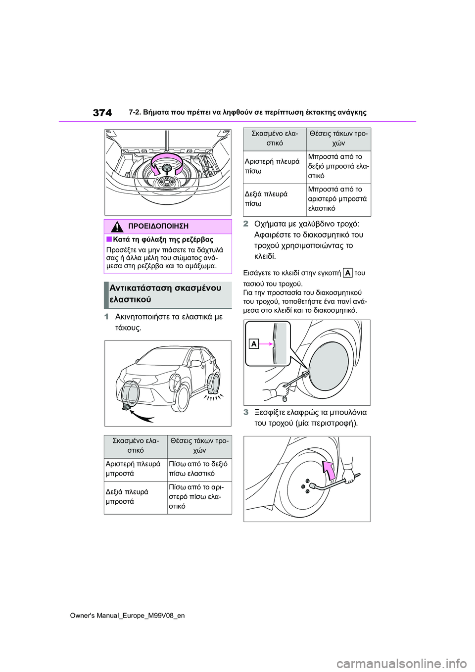TOYOTA AYGO X 2022  ΟΔΗΓΌΣ ΧΡΉΣΗΣ (in Greek) 374
Owners Manual_Europe_M99V08_en
7-2. Βήματα που πρέπει να ληφθούν σε περίπτωση έκτακτης ανάγκης
1Ακινητοποιήστε τα ελαστικ
