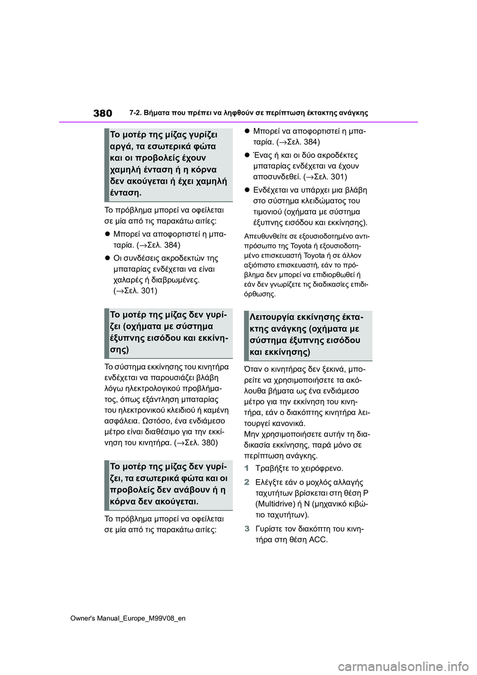 TOYOTA AYGO X 2022  ΟΔΗΓΌΣ ΧΡΉΣΗΣ (in Greek) 380
Owners Manual_Europe_M99V08_en
7-2. Βήματα που πρέπει να ληφθούν σε περίπτωση έκτακτης ανάγκης
Το πρόβλημα μπορεί να οφείλ