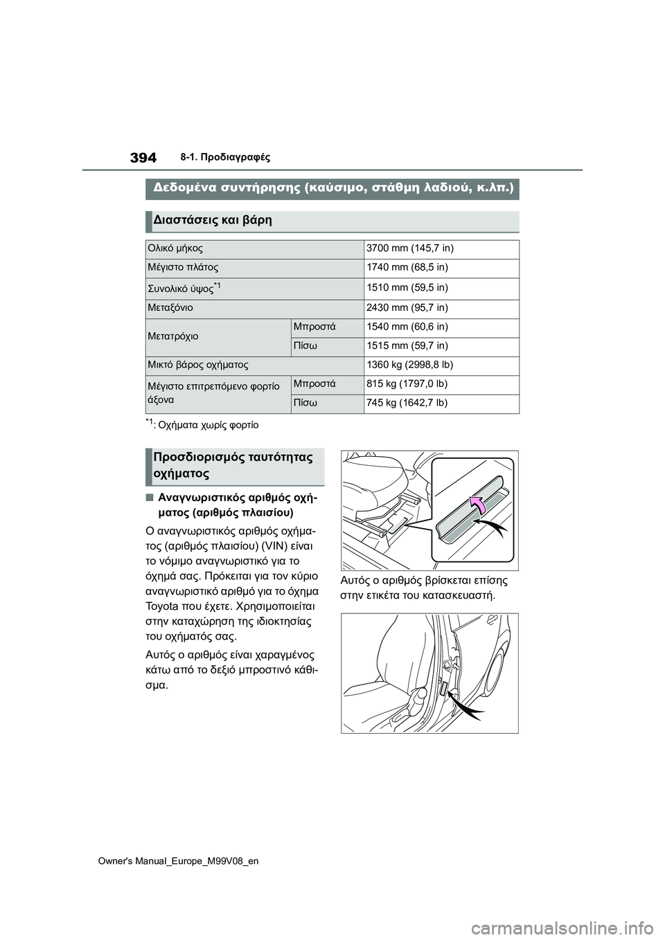 TOYOTA AYGO X 2022  ΟΔΗΓΌΣ ΧΡΉΣΗΣ (in Greek) 394
Owners Manual_Europe_M99V08_en
8-1. Προδιαγραφές
8-1.Προδιαγραφές
*1:Οχήματα χωρίς φορτίο
■Αναγνωριστικός αριθμός οχή-
ματο