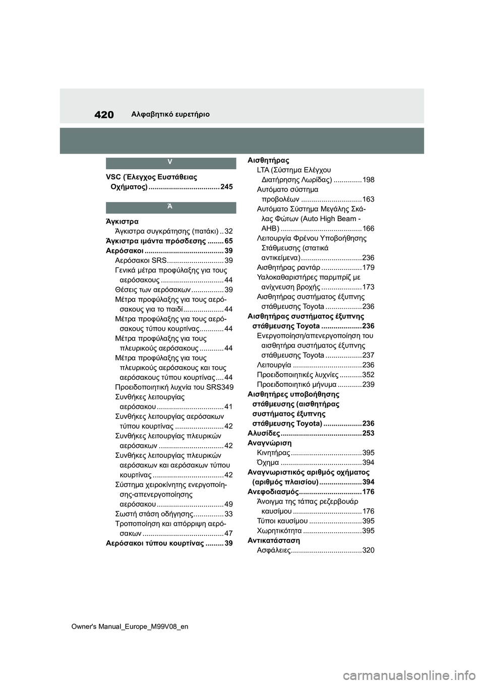 TOYOTA AYGO X 2022 ΟΔΗΓΌΣ ΧΡΉΣΗΣ (in Greek) 420
Owners Manual_Europe_M99V08_en
Αλφαβητικό ευρετήριο
V
VSC (Έλεγχος Ευστάθειας
Οχήματος) ................................... 245
Ά
Άγκιστρα
Ά TOYOTA AYGO X 2022 ΟΔΗΓΌΣ ΧΡΉΣΗΣ (in Greek) 420
Owners Manual_Europe_M99V08_en
Αλφαβητικό ευρετήριο
V
VSC (Έλεγχος Ευστάθειας
Οχήματος) ................................... 245
Ά
Άγκιστρα
Ά