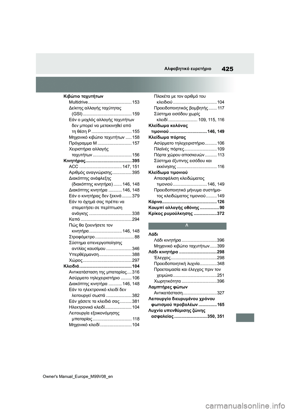 TOYOTA AYGO X 2022 ΟΔΗΓΌΣ ΧΡΉΣΗΣ (in Greek) 425
Owners Manual_Europe_M99V08_en
Αλφαβητικό ευρετήριο
Κιβώτιο ταχυτήτων
Multidrive.................................... 153
Δείκτης αλλαγής ταχύ TOYOTA AYGO X 2022 ΟΔΗΓΌΣ ΧΡΉΣΗΣ (in Greek) 425
Owners Manual_Europe_M99V08_en
Αλφαβητικό ευρετήριο
Κιβώτιο ταχυτήτων
Multidrive.................................... 153
Δείκτης αλλαγής ταχύ