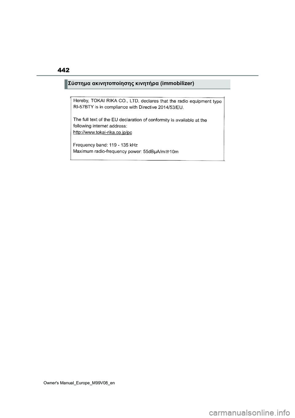 TOYOTA AYGO X 2022 ΟΔΗΓΌΣ ΧΡΉΣΗΣ (in Greek) 442
Owners Manual_Europe_M99V08_en
Σύστημα ακινητοποίησης κινητήρα (immobilizer) TOYOTA AYGO X 2022 ΟΔΗΓΌΣ ΧΡΉΣΗΣ (in Greek) 442
Owners Manual_Europe_M99V08_en
Σύστημα ακινητοποίησης κινητήρα (immobilizer)