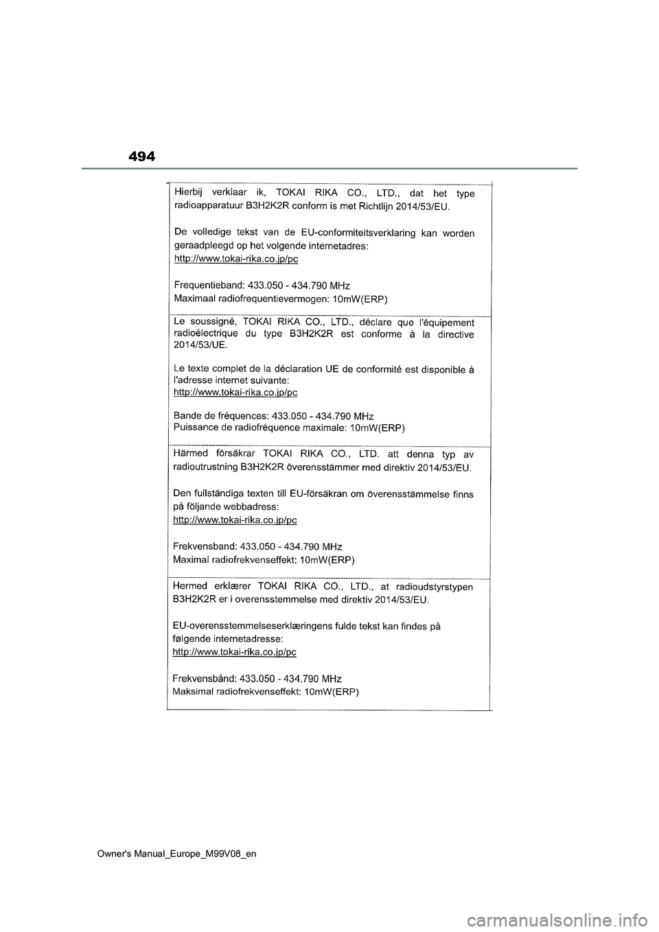 TOYOTA AYGO X 2022  ΟΔΗΓΌΣ ΧΡΉΣΗΣ (in Greek) 494
Owners Manual_Europe_M99V08_en  TOYOTA AYGO X 2022  ΟΔΗΓΌΣ ΧΡΉΣΗΣ (in Greek) 494
Owners Manual_Europe_M99V08_en