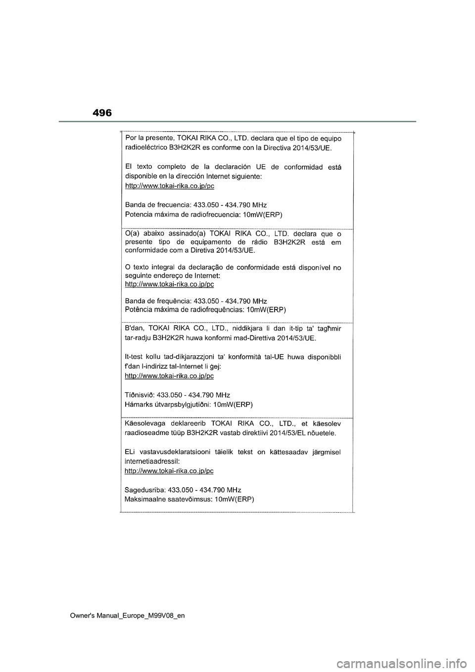 TOYOTA AYGO X 2022  ΟΔΗΓΌΣ ΧΡΉΣΗΣ (in Greek) 496
Owners Manual_Europe_M99V08_en  TOYOTA AYGO X 2022  ΟΔΗΓΌΣ ΧΡΉΣΗΣ (in Greek) 496
Owners Manual_Europe_M99V08_en