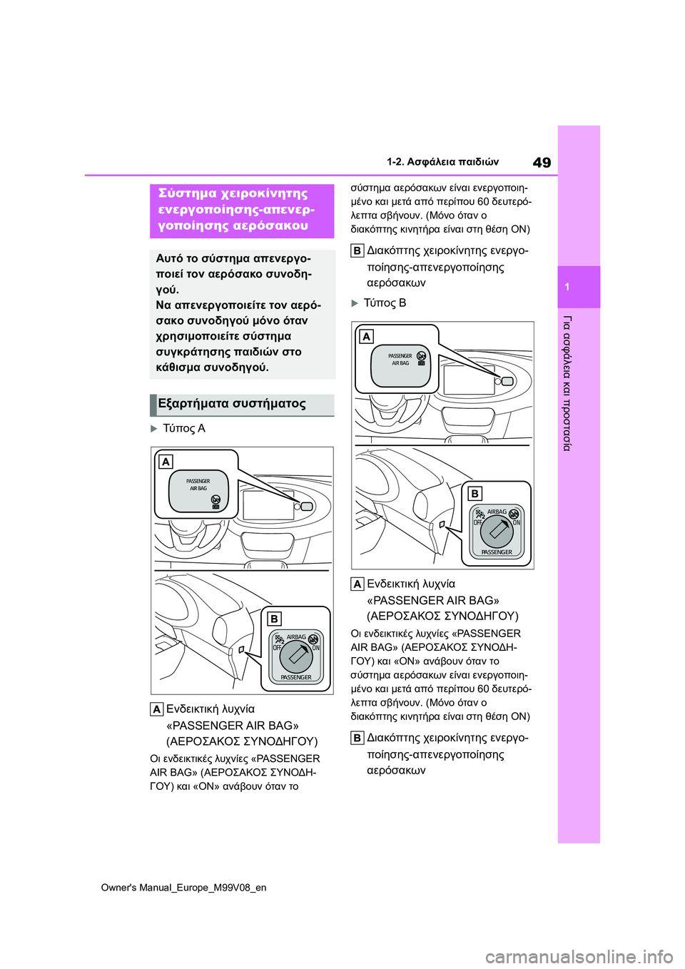 TOYOTA AYGO X 2022  ΟΔΗΓΌΣ ΧΡΉΣΗΣ (in Greek) 49
1
Owners Manual_Europe_M99V08_en
1-2. Ασφάλεια παιδιών
Για ασφάλεια και προστασία
1-2.Ασφάλεια παιδιών
Τύ π ο ς Α
Ενδεικτική