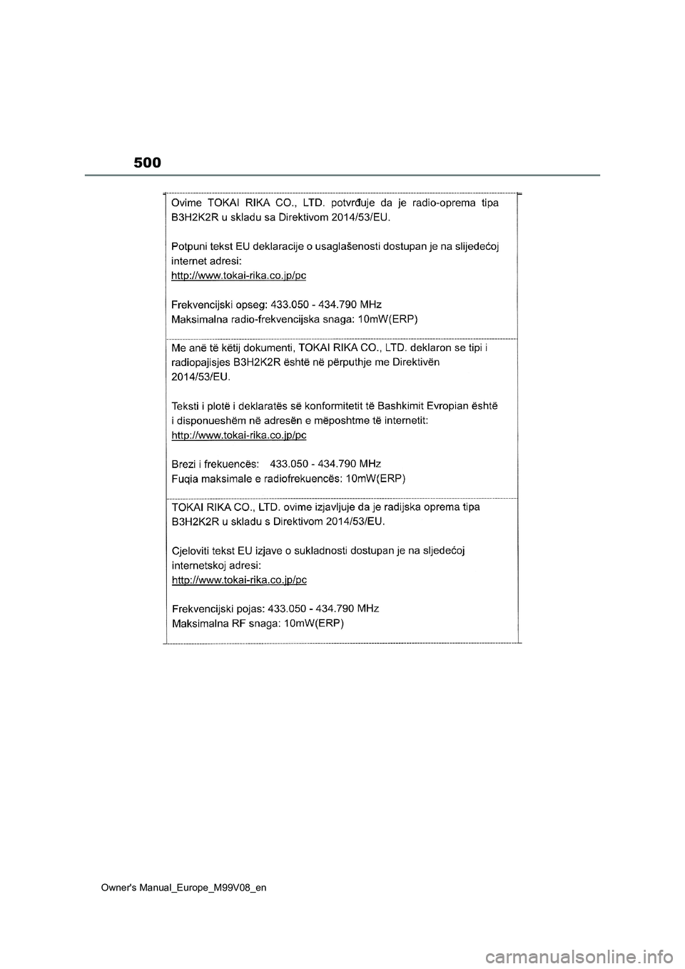 TOYOTA AYGO X 2022 ΟΔΗΓΌΣ ΧΡΉΣΗΣ (in Greek) 500
Owners Manual_Europe_M99V08_en TOYOTA AYGO X 2022 ΟΔΗΓΌΣ ΧΡΉΣΗΣ (in Greek) 500
Owners Manual_Europe_M99V08_en