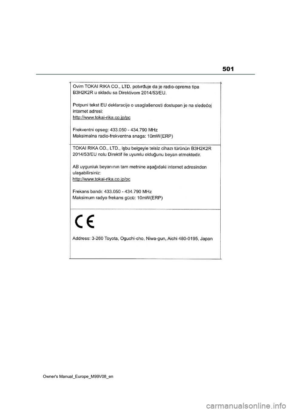 TOYOTA AYGO X 2022 ΟΔΗΓΌΣ ΧΡΉΣΗΣ (in Greek) 501
Owners Manual_Europe_M99V08_en TOYOTA AYGO X 2022 ΟΔΗΓΌΣ ΧΡΉΣΗΣ (in Greek) 501
Owners Manual_Europe_M99V08_en