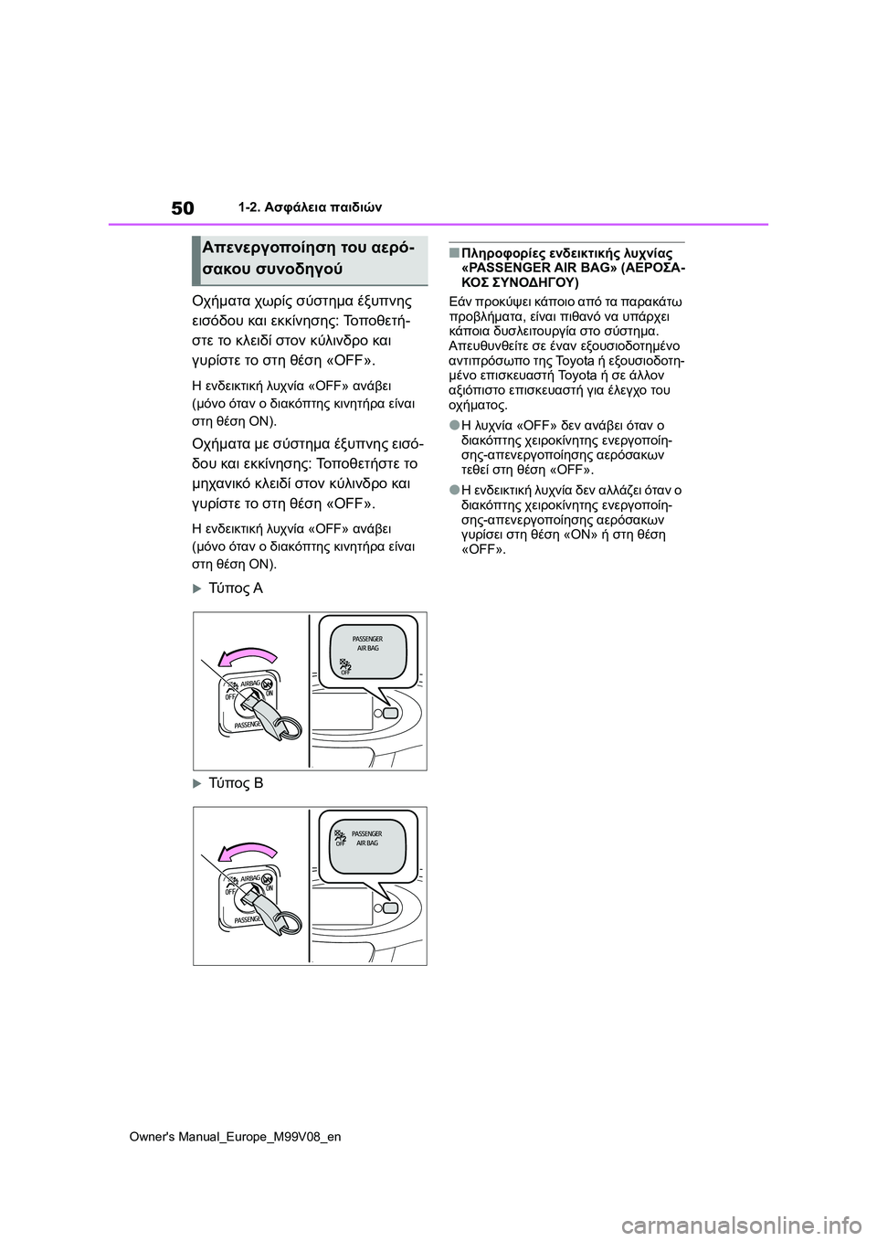 TOYOTA AYGO X 2022  ΟΔΗΓΌΣ ΧΡΉΣΗΣ (in Greek) 50
Owners Manual_Europe_M99V08_en
1-2. Ασφάλεια παιδιών
Οχήματα χωρίς σύστημα έξυπνης 
εισόδου και εκκίνησης: Το π ο θ ε τ ή-
στ