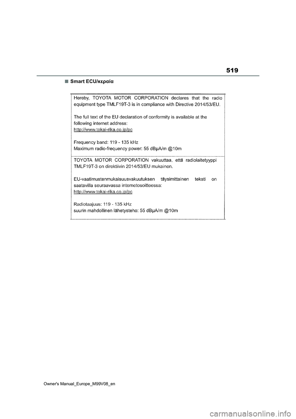 TOYOTA AYGO X 2022 ΟΔΗΓΌΣ ΧΡΉΣΗΣ (in Greek) 519
Owners Manual_Europe_M99V08_en
■Smart ECU/κεραία TOYOTA AYGO X 2022 ΟΔΗΓΌΣ ΧΡΉΣΗΣ (in Greek) 519
Owners Manual_Europe_M99V08_en
■Smart ECU/κεραία