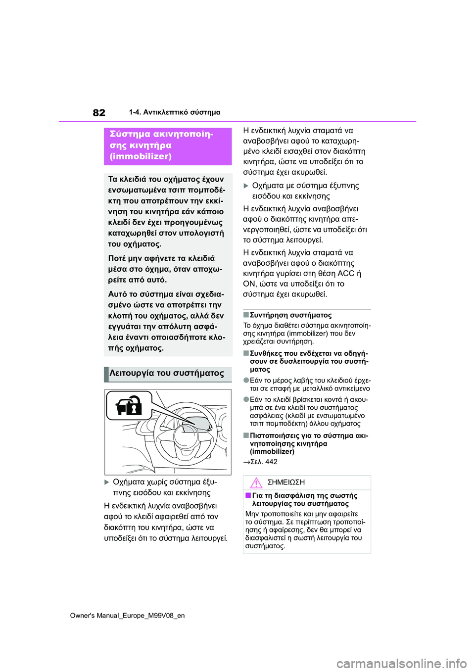TOYOTA AYGO X 2022 ΟΔΗΓΌΣ ΧΡΉΣΗΣ (in Greek) 82
Owners Manual_Europe_M99V08_en
1-4. Αντικλεπτικό σύστημα
1-4.Αντικλεπτικό σύστημα
Οχήματα χωρίς σύστημα έξυ-
πνης εισόδου TOYOTA AYGO X 2022 ΟΔΗΓΌΣ ΧΡΉΣΗΣ (in Greek) 82
Owners Manual_Europe_M99V08_en
1-4. Αντικλεπτικό σύστημα
1-4.Αντικλεπτικό σύστημα
Οχήματα χωρίς σύστημα έξυ-
πνης εισόδου