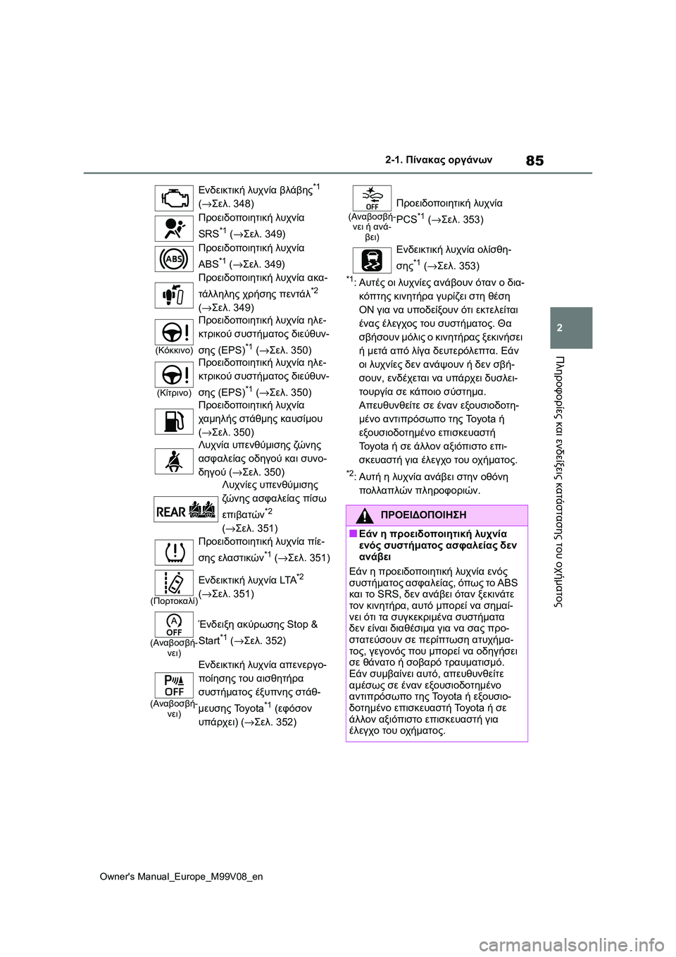 TOYOTA AYGO X 2022 ΟΔΗΓΌΣ ΧΡΉΣΗΣ (in Greek) 85
2
Owners Manual_Europe_M99V08_en
2-1. Πίνακας οργάνων
Πληροφορίες και ενδείξεις κατάστασης του οχήματος
*1:Αυτές οι λυχνίες TOYOTA AYGO X 2022 ΟΔΗΓΌΣ ΧΡΉΣΗΣ (in Greek) 85
2
Owners Manual_Europe_M99V08_en
2-1. Πίνακας οργάνων
Πληροφορίες και ενδείξεις κατάστασης του οχήματος
*1:Αυτές οι λυχνίες