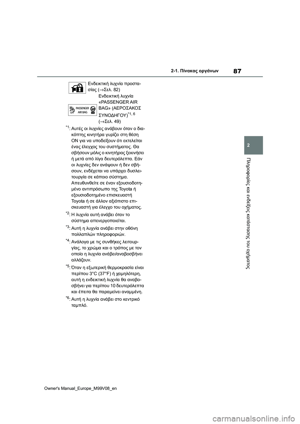 TOYOTA AYGO X 2022 ΟΔΗΓΌΣ ΧΡΉΣΗΣ (in Greek) 87
2
Owners Manual_Europe_M99V08_en
2-1. Πίνακας οργάνων
Πληροφορίες και ενδείξεις κατάστασης του οχήματος
*1:Αυτές οι λυχνίες TOYOTA AYGO X 2022 ΟΔΗΓΌΣ ΧΡΉΣΗΣ (in Greek) 87
2
Owners Manual_Europe_M99V08_en
2-1. Πίνακας οργάνων
Πληροφορίες και ενδείξεις κατάστασης του οχήματος
*1:Αυτές οι λυχνίες