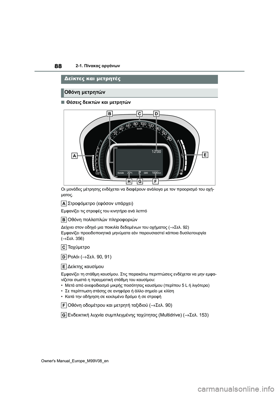 TOYOTA AYGO X 2022 ΟΔΗΓΌΣ ΧΡΉΣΗΣ (in Greek) 88
Owners Manual_Europe_M99V08_en
2-1. Πίνακας οργάνων
■Θέσεις δεικτών και μετρητών
Οι μονάδες μέτρησης ενδέχεται να διαφέρο TOYOTA AYGO X 2022 ΟΔΗΓΌΣ ΧΡΉΣΗΣ (in Greek) 88
Owners Manual_Europe_M99V08_en
2-1. Πίνακας οργάνων
■Θέσεις δεικτών και μετρητών
Οι μονάδες μέτρησης ενδέχεται να διαφέρο