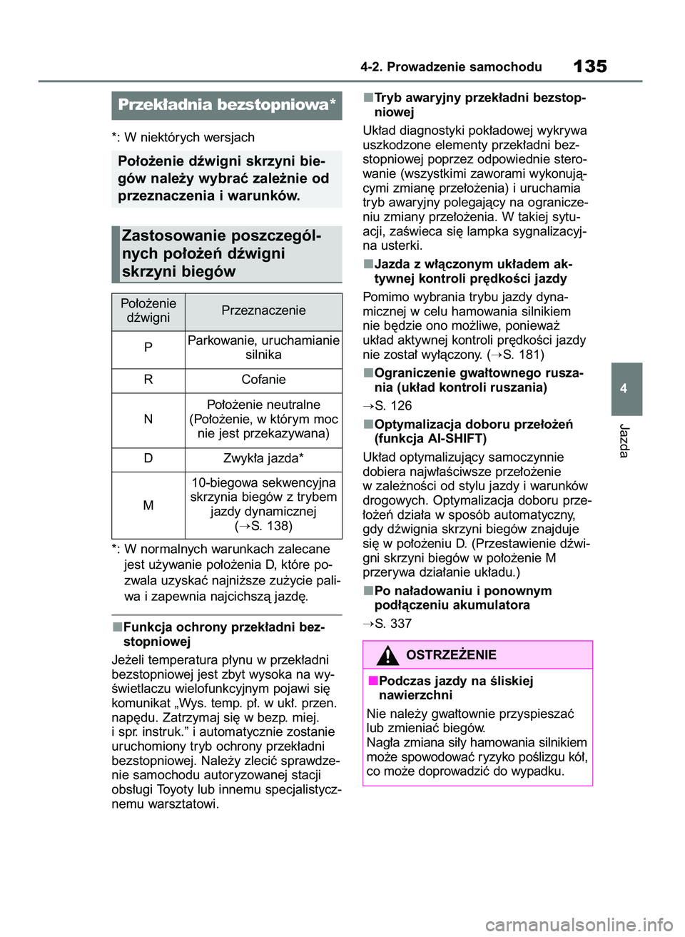 TOYOTA AYGO X 2022 Instrukcja obsługi (in Polish) *: W niektórych wersjach
*: W normalnych warunkach zalecane
jest u˝ywanie po∏o˝enia D, które po-
zwala uzyskaç najni˝sze zu˝ycie pali-
wa i zapewnia najcichszà jazd´.
Funkcja ochrony przek TOYOTA AYGO X 2022 Instrukcja obsługi (in Polish) *: W niektórych wersjach
*: W normalnych warunkach zalecane
jest u˝ywanie po∏o˝enia D, które po-
zwala uzyskaç najni˝sze zu˝ycie pali-
wa i zapewnia najcichszà jazd´.
Funkcja ochrony przek