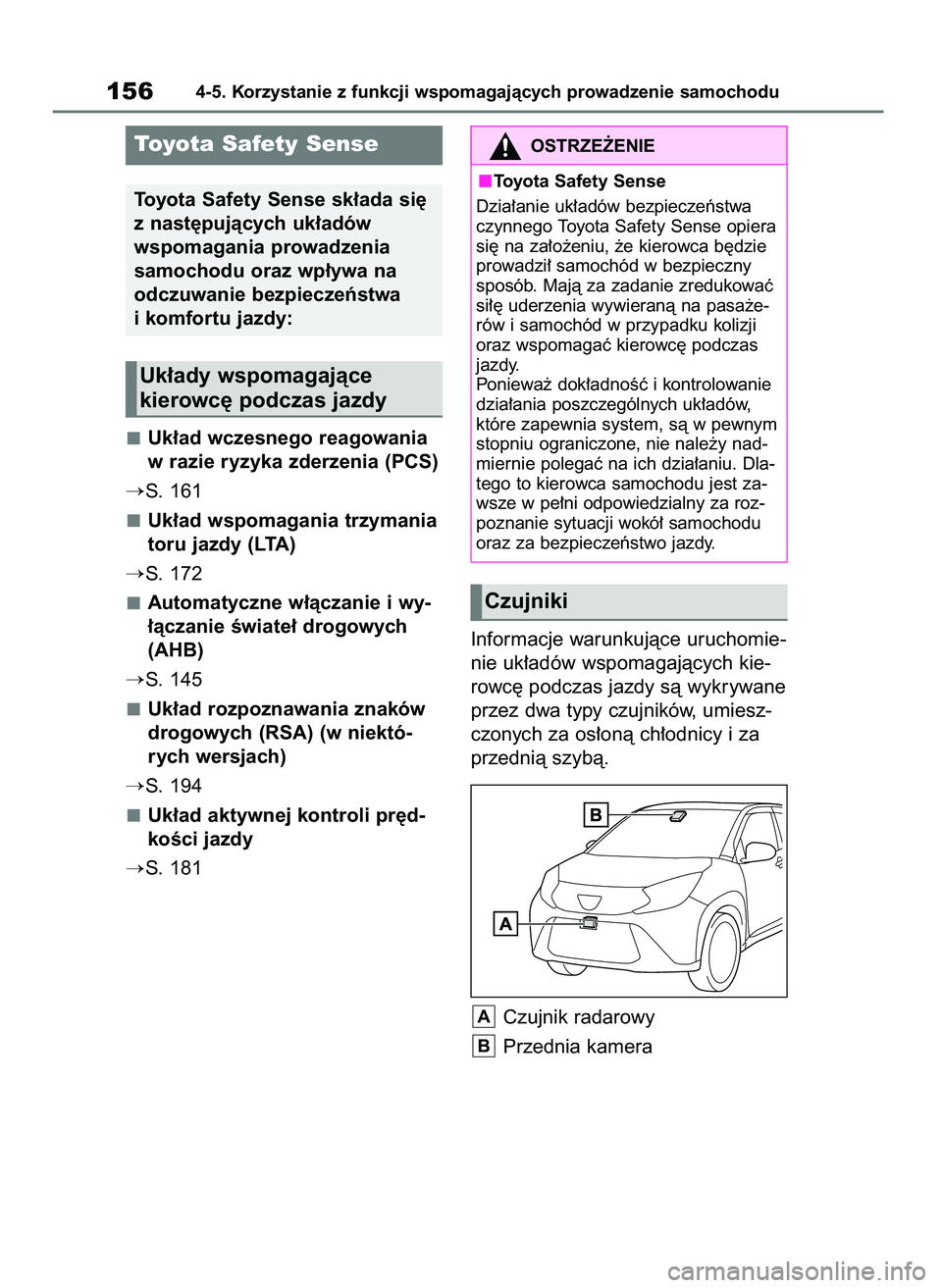 TOYOTA AYGO X 2022  Instrukcja obsługi (in Polish) Uk∏ad wczesnego reagowania
w razie ryzyka zderzenia (PCS)
S. 161
Uk∏ad wspomagania trzymania
toru jazdy (LTA)
S. 172
Automatyczne w∏àczanie i wy-
∏àczanie Êwiate∏ drogowych
(AHB)
S. 14
