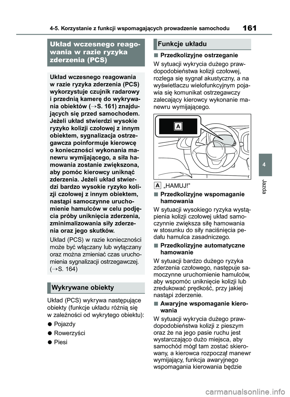 TOYOTA AYGO X 2022  Instrukcja obsługi (in Polish) Uk∏ad (PCS) wykrywa nast´pujàce
obiekty (funkcje uk∏adu ró˝nià si´
w zale˝noÊci od wykrytego obiektu):
Pojazdy
RowerzyÊci
PiesiPrzedkolizyjne ostrzeganie
W sytuacji wykrycia du˝ego praw-