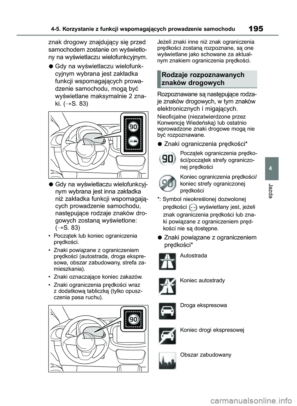 TOYOTA AYGO X 2022  Instrukcja obsługi (in Polish) znak drogowy znajdujàcy si´ przed
samochodem zostanie on wyÊwietlo-
ny na wyÊwietlaczu wielofunkcyjnym.
Gdy na wyÊwietlaczu wielofunk-
cyjnym wybrana jest zak∏adka
funkcji wspomagajàcych prowa