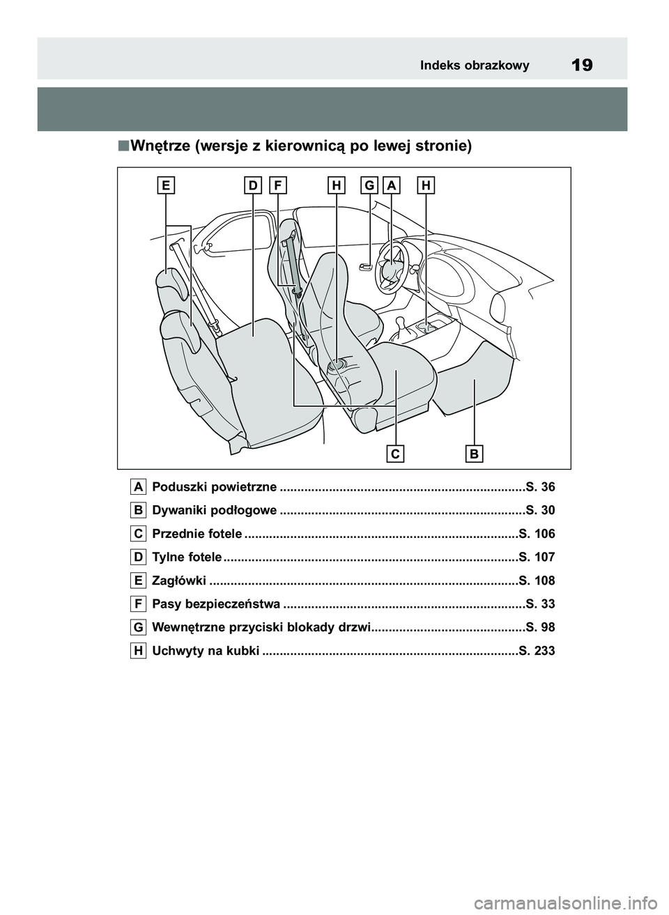 TOYOTA AYGO X 2022 Instrukcja obsługi (in Polish) Wn´trze (wersje z kierownicà po lewej stronie)
Poduszki powietrzne ......................................................................S. 36
Dywaniki pod∏ogowe .................................. TOYOTA AYGO X 2022 Instrukcja obsługi (in Polish) Wn´trze (wersje z kierownicà po lewej stronie)
Poduszki powietrzne ......................................................................S. 36
Dywaniki pod∏ogowe ..................................