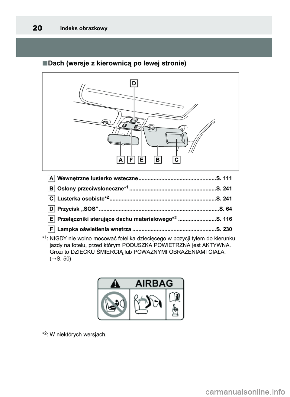 TOYOTA AYGO X 2022 Instrukcja obsługi (in Polish) Dach (wersje z kierownicà po lewej stronie)
Wewn´trzne lusterko wsteczne ...................................................S. 111
Os∏ony przeciws∏oneczne*
1..................................... TOYOTA AYGO X 2022 Instrukcja obsługi (in Polish) Dach (wersje z kierownicà po lewej stronie)
Wewn´trzne lusterko wsteczne ...................................................S. 111
Os∏ony przeciws∏oneczne*
1.....................................