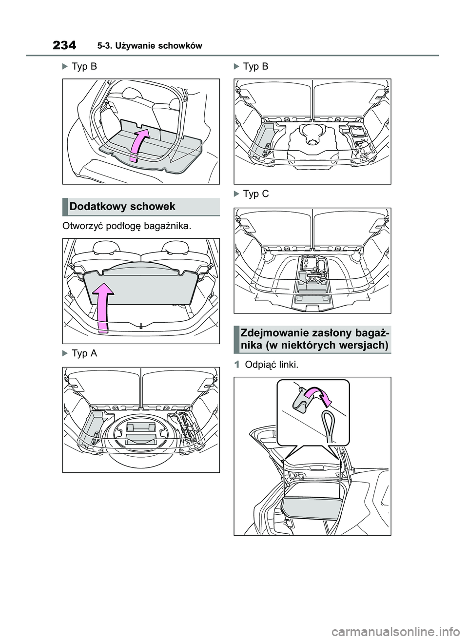 TOYOTA AYGO X 2022  Instrukcja obsługi (in Polish) óTyp B
Otworzyç pod∏og´ baga˝nika.
óTyp A
óTyp B
óTyp C
1Odpiàç linki.
2345-3. U˝ywanie schowków
Dodatkowy schowek
Zdejmowanie zas∏ony baga˝-
nika (w niektórych wersjach)
60 Aygo X OM