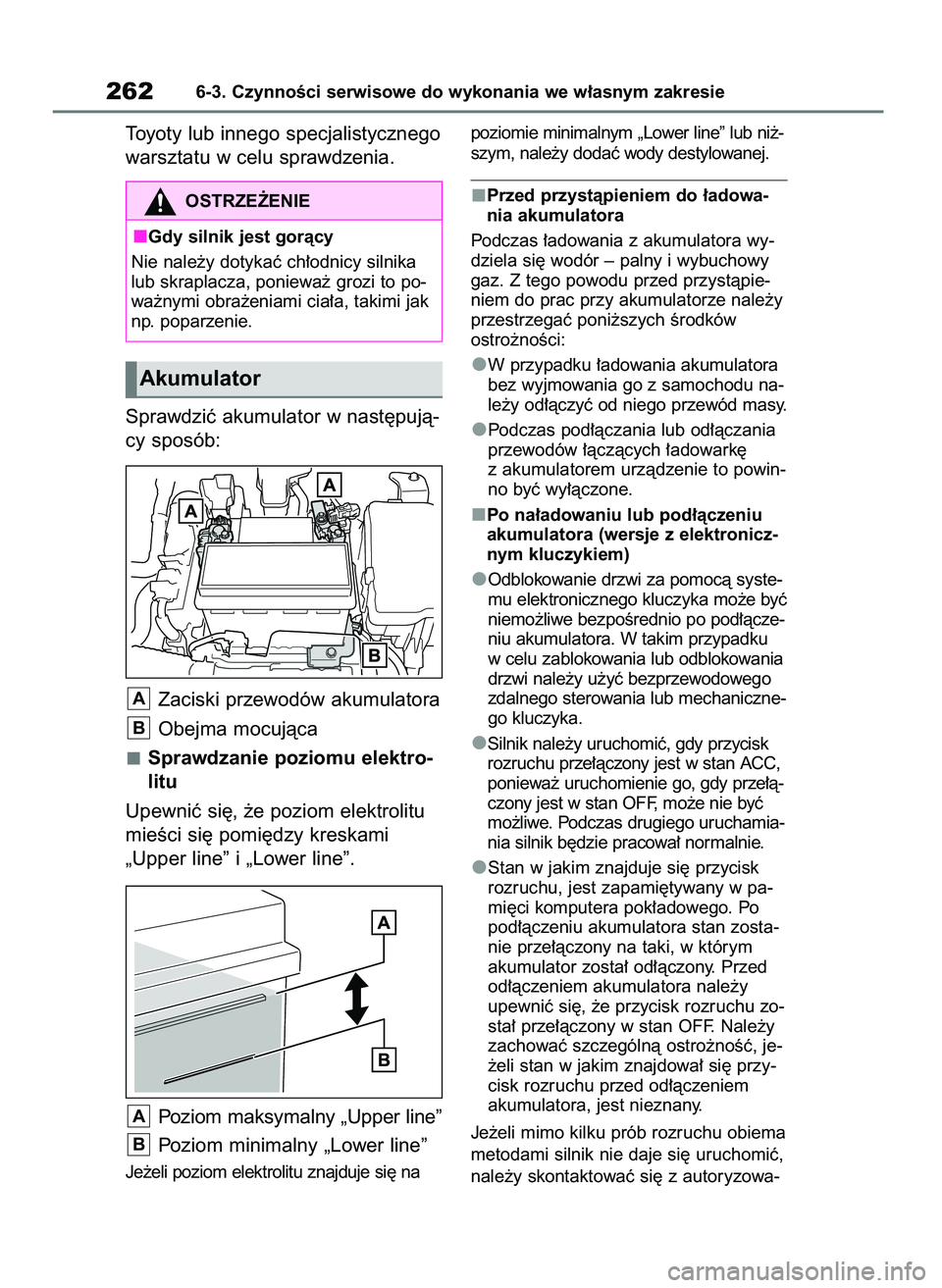 TOYOTA AYGO X 2022 Instrukcja obsługi (in Polish) Toyoty lub innego specjalistycznego
warsztatu w celu sprawdzenia.
Sprawdziç akumulator w nast´pujà-
cy sposób:
Zaciski przewodów akumulatora
Obejma mocujàca
Sprawdzanie poziomu elektro-
litu
Upe TOYOTA AYGO X 2022 Instrukcja obsługi (in Polish) Toyoty lub innego specjalistycznego
warsztatu w celu sprawdzenia.
Sprawdziç akumulator w nast´pujà-
cy sposób:
Zaciski przewodów akumulatora
Obejma mocujàca
Sprawdzanie poziomu elektro-
litu
Upe
