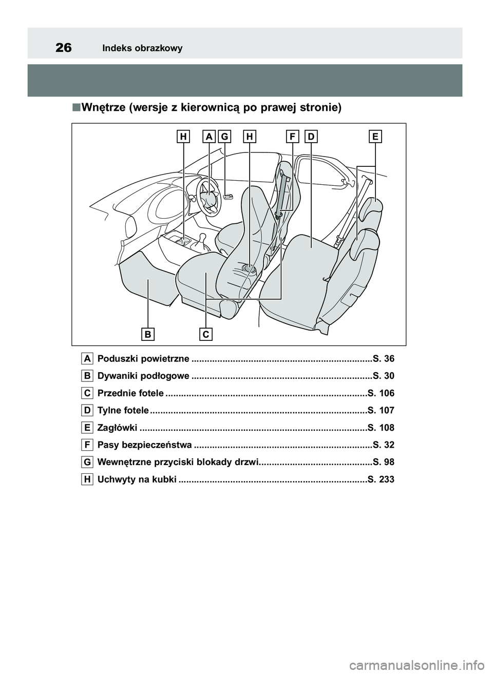 TOYOTA AYGO X 2022  Instrukcja obsługi (in Polish) Wn´trze (wersje z kierownicà po prawej stronie)
Poduszki powietrzne ......................................................................S. 36
Dywaniki pod∏ogowe .................................