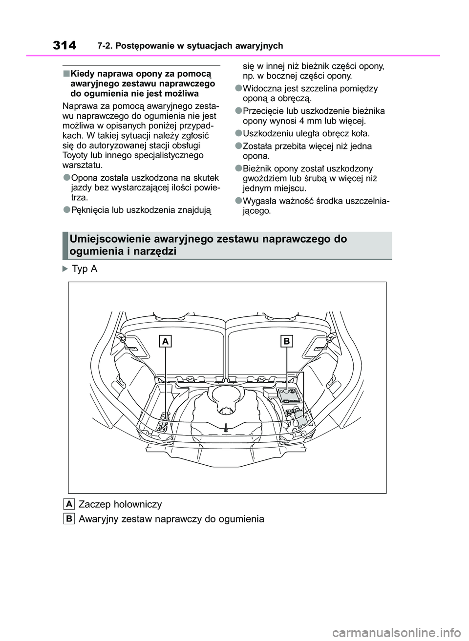 TOYOTA AYGO X 2022  Instrukcja obsługi (in Polish) Kiedy naprawa opony za pomocà
awaryjnego zestawu naprawczego
do ogumienia nie jest mo˝liwa
Naprawa za pomocà awaryjnego zesta-
wu naprawczego do ogumienia nie jest
mo˝liwa w opisanych poni˝ej prz