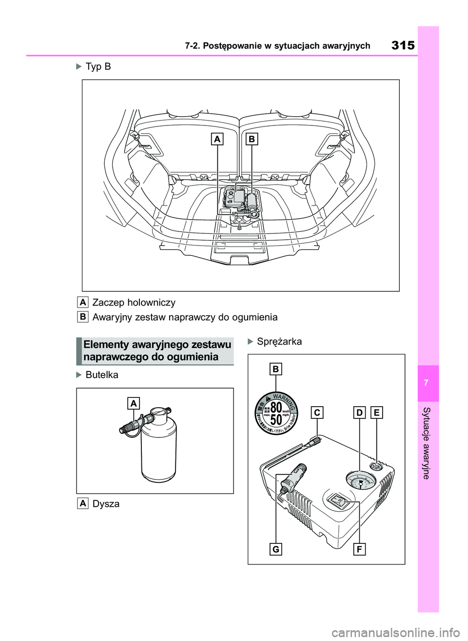 TOYOTA AYGO X 2022  Instrukcja obsługi (in Polish) óButelka
Dysza
óSpr´˝arka
A
Sytuacje awaryjne
7-2. Post´powanie w sytuacjach awaryjnych315
7
óTyp B
Zaczep holowniczy
Awaryjny zestaw naprawczy do ogumienia
B
A
Elementy awaryjnego zestawu
napra
