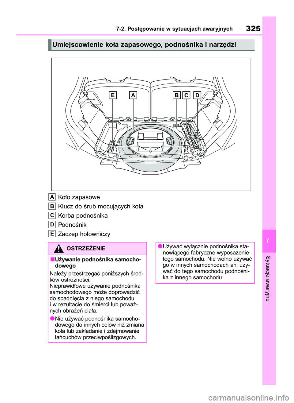 TOYOTA AYGO X 2022  Instrukcja obsługi (in Polish) Ko∏o zapasowe
Klucz do Êrub mocujàcych ko∏a
Korba podnoÊnika
PodnoÊnik
Zaczep holowniczy
E
D
C
B
A
Sytuacje awaryjne
7-2. Post´powanie w sytuacjach awaryjnych325
7
Umiejscowienie ko∏a zapas