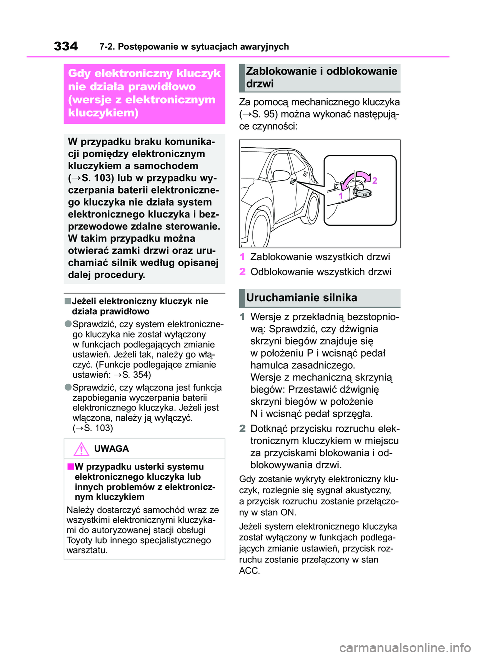 TOYOTA AYGO X 2022 Instrukcja obsługi (in Polish) Je˝eli elektroniczny kluczyk nie
dzia∏a prawid∏owo
Sprawdziç, czy system elektroniczne-
go kluczyka nie zosta∏ wy∏àczony
w funkcjach podlegajàcych zmianie
ustawieƒ. Je˝eli tak, nale˝y g TOYOTA AYGO X 2022 Instrukcja obsługi (in Polish) Je˝eli elektroniczny kluczyk nie
dzia∏a prawid∏owo
Sprawdziç, czy system elektroniczne-
go kluczyka nie zosta∏ wy∏àczony
w funkcjach podlegajàcych zmianie
ustawieƒ. Je˝eli tak, nale˝y g