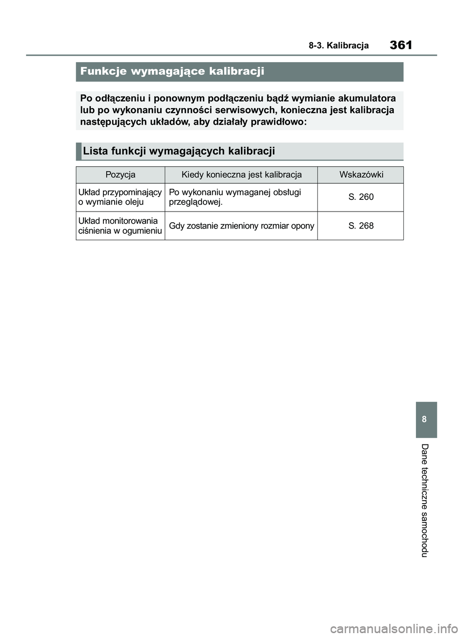TOYOTA AYGO X 2022  Instrukcja obsługi (in Polish) Dane techniczne samochodu
8-3. Kalibracja361
8
Funkcje wymagajàce kalibracji
Po od∏àczeniu i ponownym pod∏àczeniu bàdê wymianie akumulatora
lub po wykonaniu czynnoÊci serwisowych, konieczna 