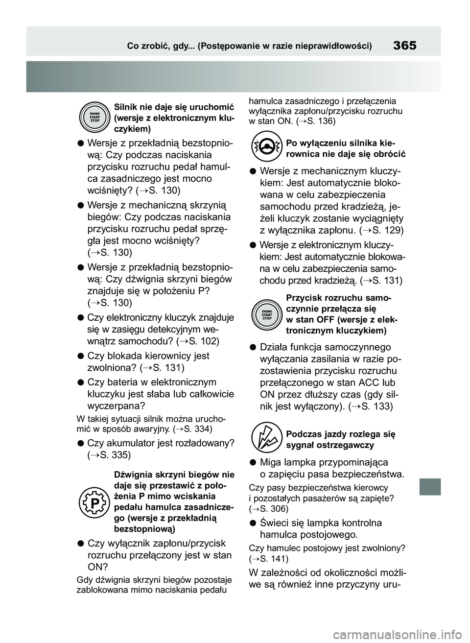 TOYOTA AYGO X 2022  Instrukcja obsługi (in Polish) Silnik nie daje si´ uruchomiç
(wersje z elektronicznym klu-
czykiem)
Wersje z przek∏adnià bezstopnio-
wà: Czy podczas naciskania
przycisku rozruchu peda∏ hamul-
ca zasadniczego jest mocno 
wci