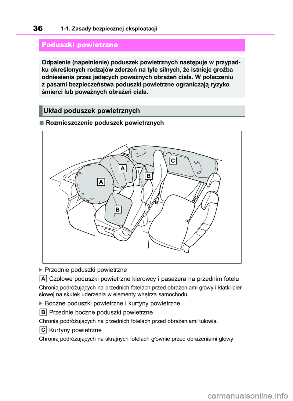 TOYOTA AYGO X 2022  Instrukcja obsługi (in Polish) Rozmieszczenie poduszek powietrznych
óPrzednie poduszki powietrzne
Czo∏owe poduszki powietrzne kierowcy i pasa˝era na przednim fotelu
Chronià podró˝ujàcych na przednich fotelach przed obra˝en