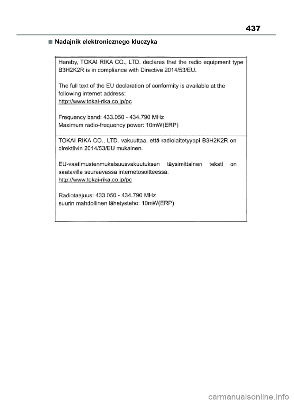 TOYOTA AYGO X 2022  Instrukcja obsługi (in Polish) Nadajnik elektronicznego kluczyka
437
60 Aygo X OM99V08E  2/1/22  14:26  Page 437 