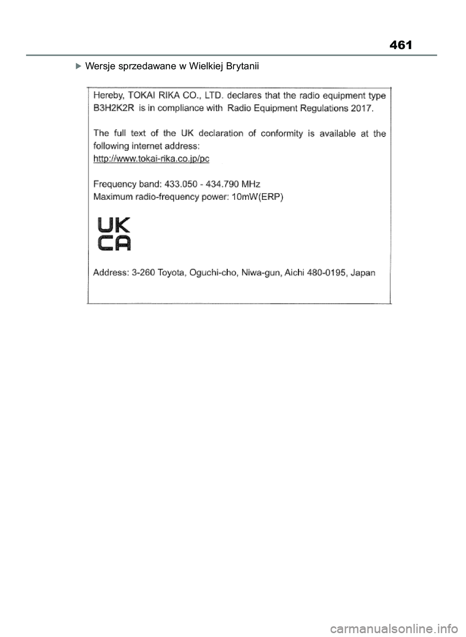 TOYOTA AYGO X 2022  Instrukcja obsługi (in Polish) óWersje sprzedawane w Wielkiej Brytanii
461
60 Aygo X OM99V08E  2/1/22  14:26  Page 461 