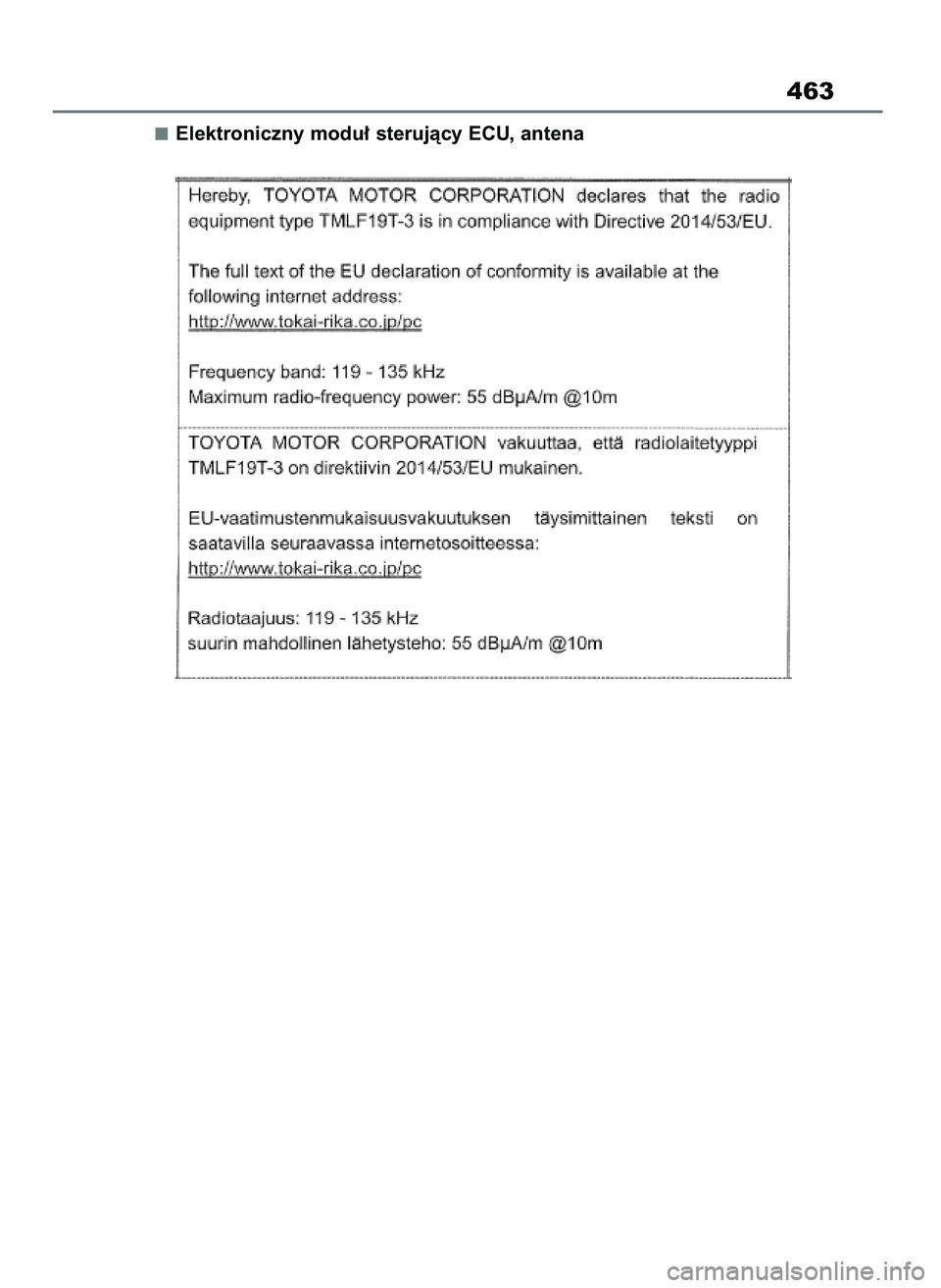 TOYOTA AYGO X 2022  Instrukcja obsługi (in Polish) Elektroniczny modu∏ sterujàcy ECU, antena
463
60 Aygo X OM99V08E  2/1/22  14:26  Page 463 