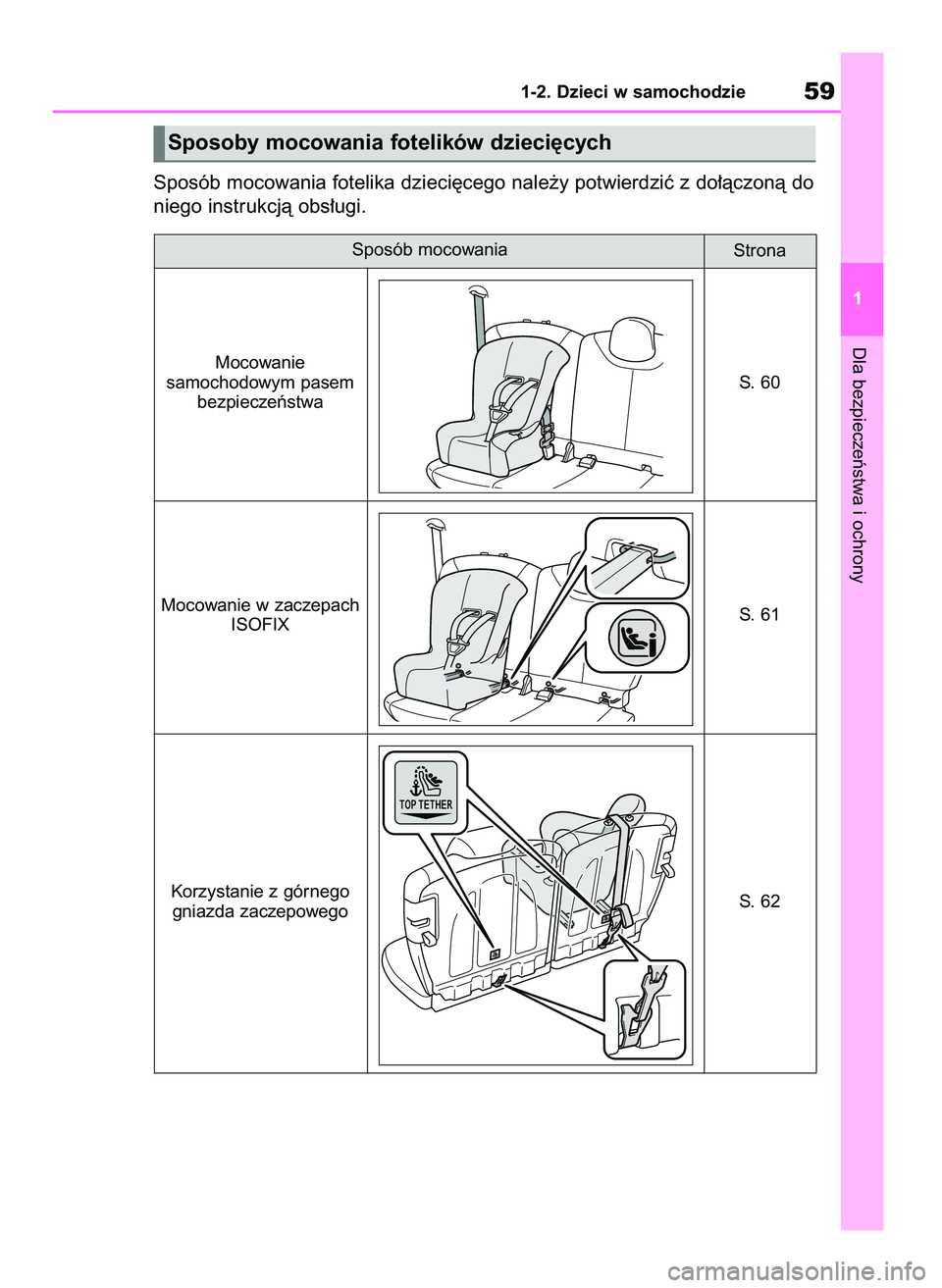 TOYOTA AYGO X 2022  Instrukcja obsługi (in Polish) Dla bezpieczeƒstwa i ochrony
1-2. Dzieci w samochodzie59
1
Sposób mocowania fotelika dzieci´cego nale˝y potwierdziç z do∏àczonà do
niego instrukcjà obs∏ugi.
Sposoby mocowania fotelików dz
