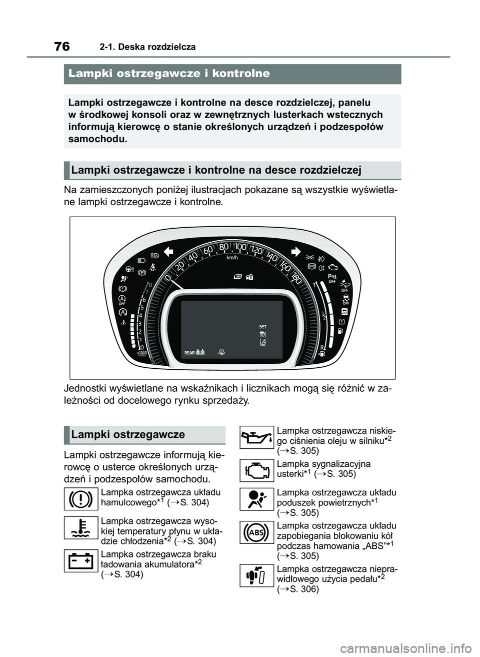 TOYOTA AYGO X 2022  Instrukcja obsługi (in Polish) Lampki ostrzegawcze informujà kie-
rowc´ o usterce okreÊlonych urzà-
dzeƒ i podzespo∏ów samochodu.
Lampka ostrzegawcza uk∏adu
hamulcowego*1(S. 304)
Lampka ostrzegawcza wyso-
kiej temperatur