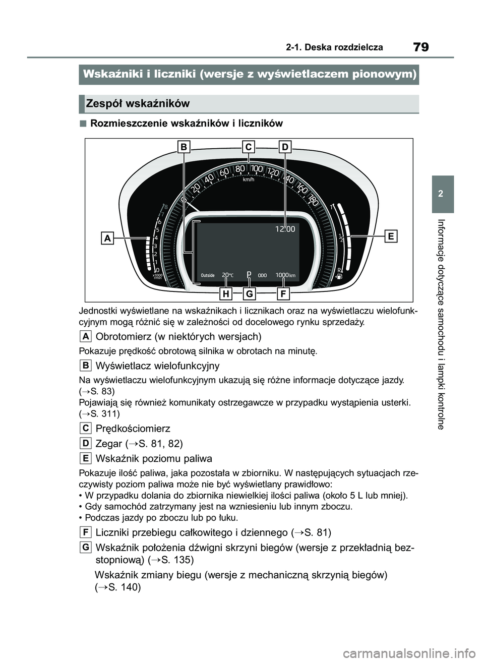 TOYOTA AYGO X 2022  Instrukcja obsługi (in Polish) Rozmieszczenie wskaêników i liczników
Jednostki wyÊwietlane na wskaênikach i licznikach oraz na wyÊwietlaczu wielofunk-
cyjnym mogà ró˝niç si´ w zale˝noÊci od docelowego rynku sprzeda˝y.