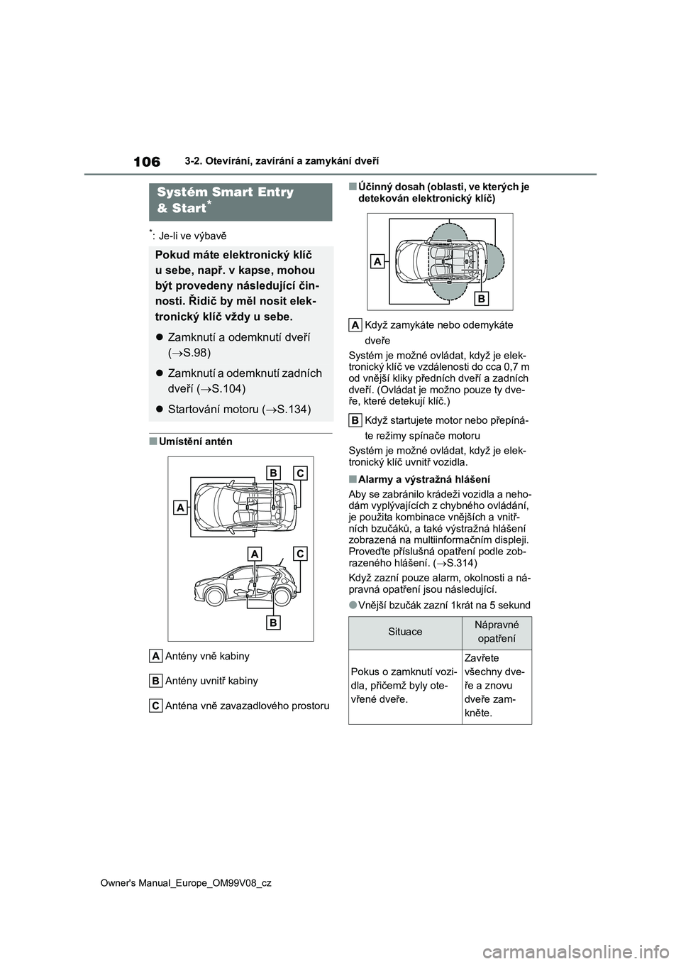 TOYOTA AYGO X 2022 Návod na použití (in Czech) 106
Owner's Manual_Europe_OM99V08_cz
3-2. Otevírání, zavírání a zamykání dveří
*: Je-li ve výbavě
■Umístění antén
Antény vně kabiny
Antény uvnitř kabiny
Anténa vně zavaza TOYOTA AYGO X 2022 Návod na použití (in Czech) 106
Owner's Manual_Europe_OM99V08_cz
3-2. Otevírání, zavírání a zamykání dveří
*: Je-li ve výbavě
■Umístění antén
Antény vně kabiny
Antény uvnitř kabiny
Anténa vně zavaza