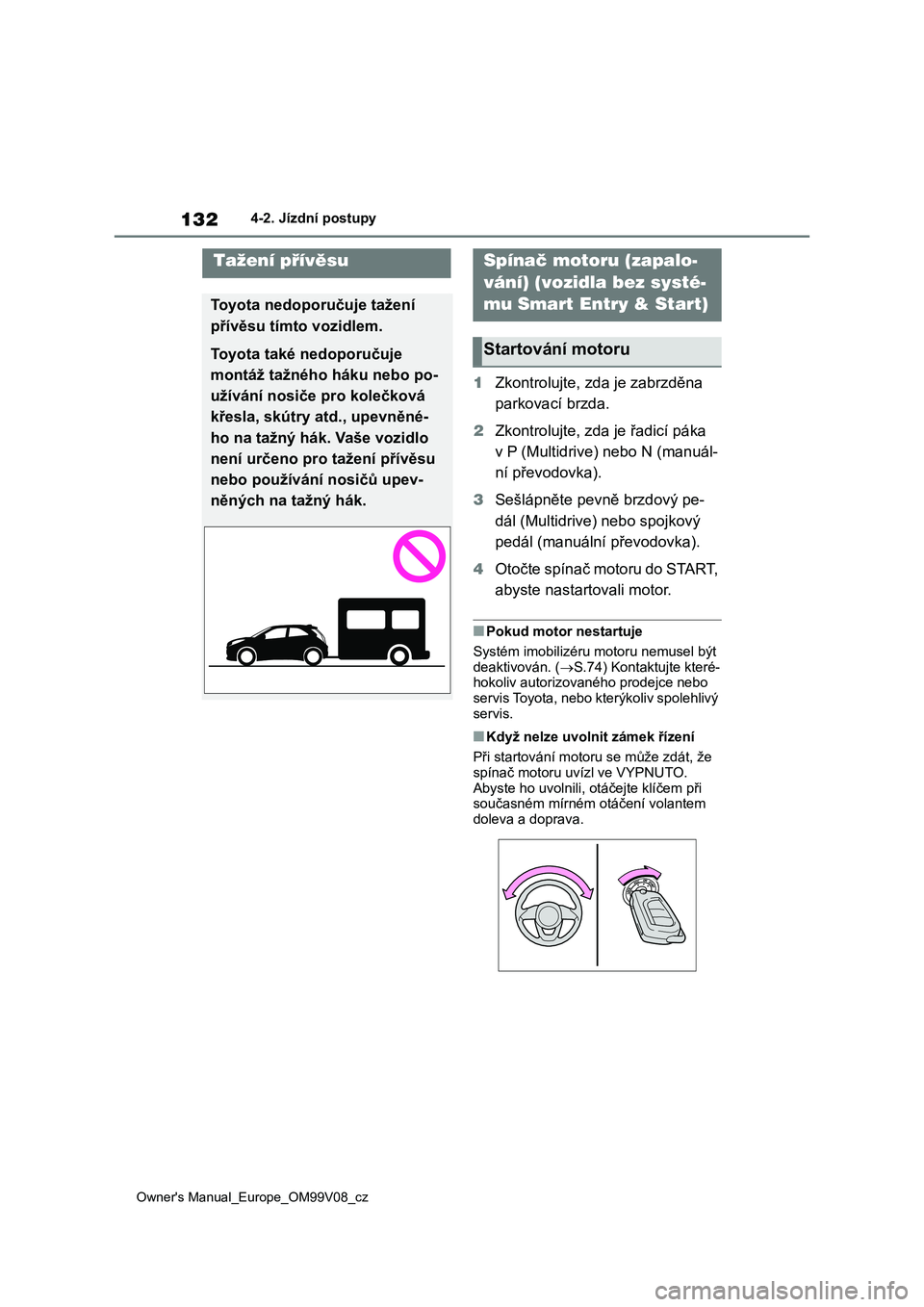 TOYOTA AYGO X 2022 Návod na použití (in Czech) 132
Owner's Manual_Europe_OM99V08_cz
4-2. Jízdní postupy
4-2.Jízdní postupy
1Zkontrolujte, zda je zabrzděna
parkovací brzda.
2 Zkontrolujte, zda je řadicí páka
v P (Multidrive) nebo TOYOTA AYGO X 2022 Návod na použití (in Czech) 132
Owner's Manual_Europe_OM99V08_cz
4-2. Jízdní postupy
4-2.Jízdní postupy
1Zkontrolujte, zda je zabrzděna
parkovací brzda.
2 Zkontrolujte, zda je řadicí páka
v P (Multidrive) nebo